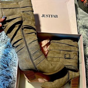 JUSTFAB grayish brown heel boot with zipper on side, very comfortable.